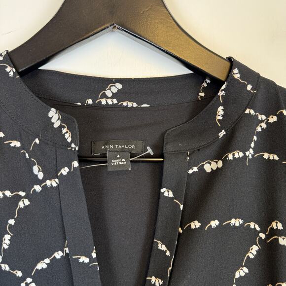 Ann Taylor Pleated Shirt Dress Black White Floral Midi Flare - 4 - Picture 4 of 10
